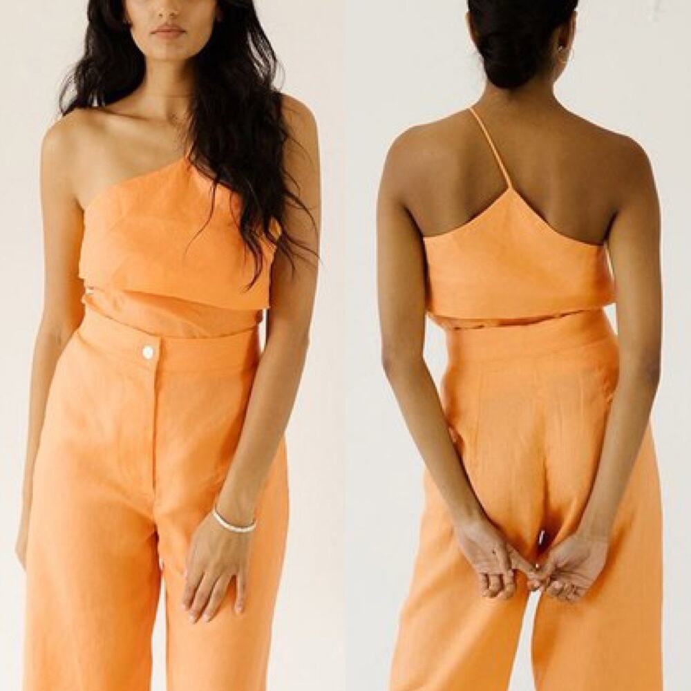Muse The Label Orange Tangerine Linen One Shoulder Aja Raw Hem Top XS